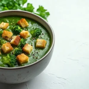 A rustic ceramic bowl filled with creamy green broccoli soup, garnished with crispy golden croutons and fresh broccoli florets, placed on a light background with parsley leaves.