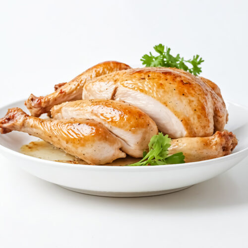 Brined and roasted chicken with parsley on white plate