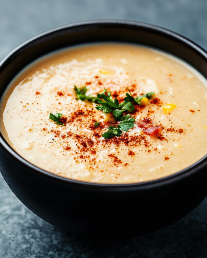 creamy potatot soup garnished with spices and herbs