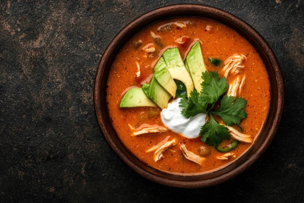 Bowl of savory Mexican chicken tortilla soup topped with fresh avocado