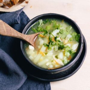 Square image of radish soup in a black bowl with a wooden spoon