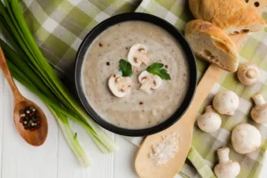 A bowl of creamy mushroom soup garnished with sliced mushrooms and fresh parsley, accompanied by fresh bread, green onions, and whole mushrooms on a wooden table.