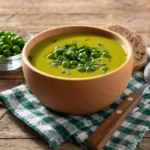 A wooden bowl of creamy split pea soup garnished with fresh green peas and herbs, placed on a checkered napkin with a spoon and slices of bread on a rustic wooden table.