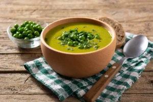 A wooden bowl of creamy split pea soup garnished with fresh green peas and herbs, placed on a checkered napkin with a spoon and slices of bread on a rustic wooden table.