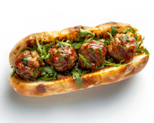 a meatball sub with sauce and greens