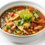 Bowl of Mexican chicken soup with tortillas