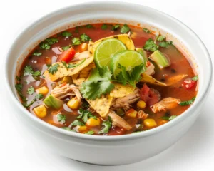 Bowl of Mexican chicken soup with tortillas