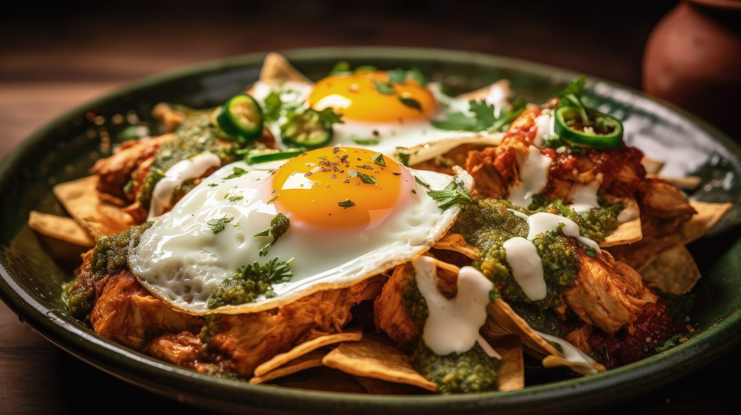 Mexican chilaquiles with fried egg, chicken and spicy green sauce illustration