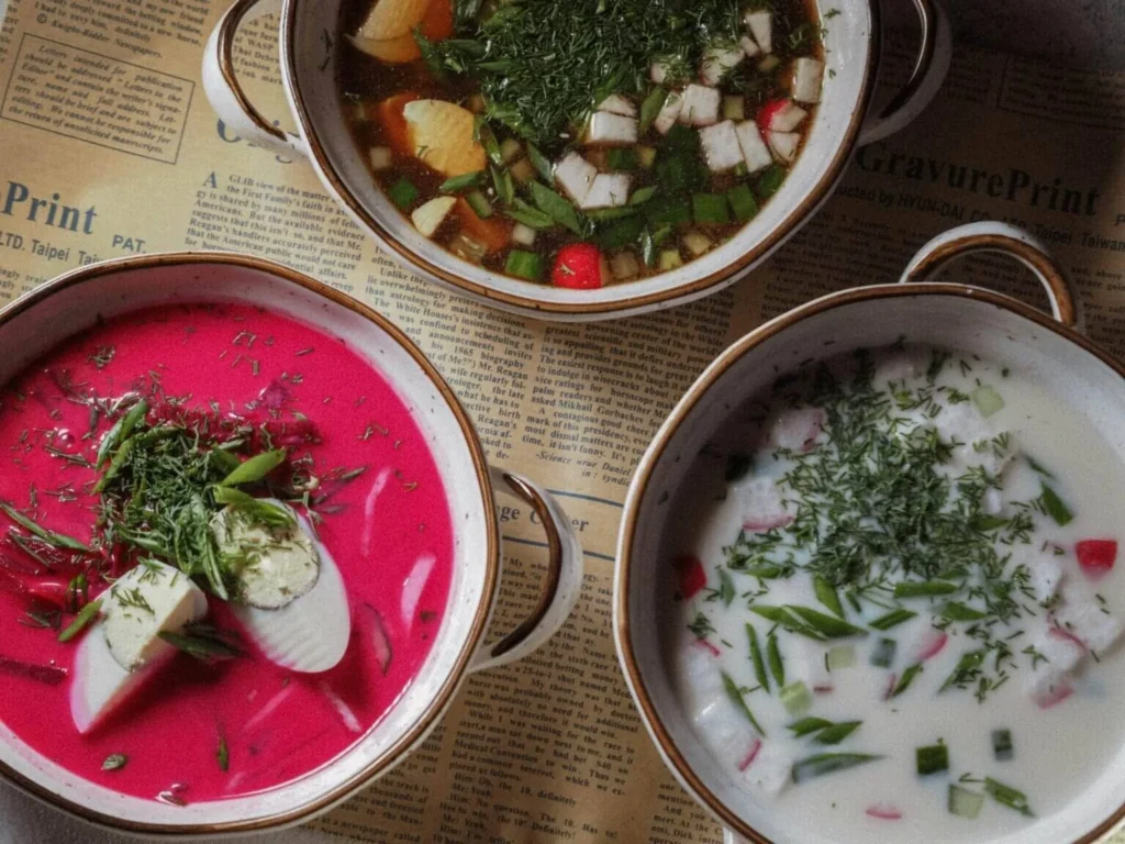 Three bowls of vibrant radish soups with various garnishes