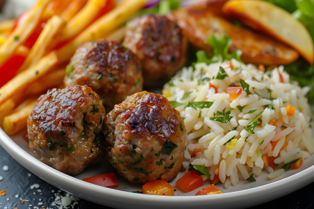 plate of meatballs rice and vegetables