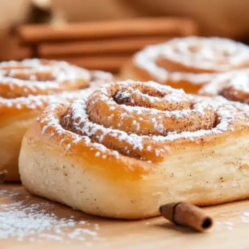 Close-up of soft Mallorca bread rolls dusted with powdered sugar, placed on a wooden board with cinnamon sticks.