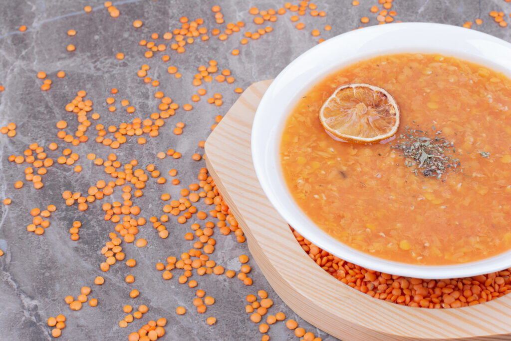 Lentil soup in a white bowl