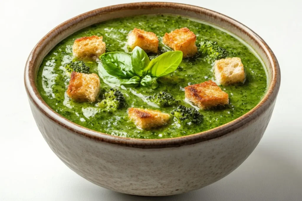 A bowl of creamy broccoli soup, garnished with crispy croutons, fresh basil leaves, and broccoli florets, served in a rustic ceramic bowl on a white background.