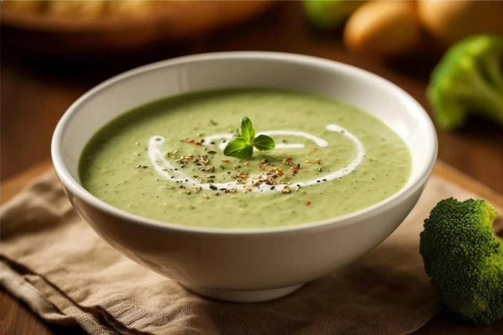 A bowl of creamy broccoli soup served in a white ceramic bowl, garnished with a swirl of cream, fresh basil, and a sprinkle of crushed spices, placed on a rustic beige cloth with fresh broccoli in the background.