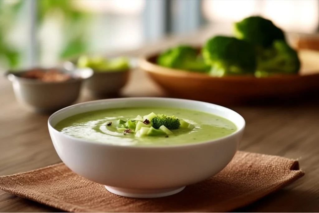 A creamy bowl of broccoli soup topped with fresh broccoli pieces and diced vegetables, placed on a wooden table with blurred bowls and broccoli in the background.