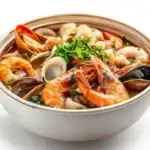 A bowl of classic cioppino seafood stew filled with shrimp, clams, mussels, and scallops in a rich tomato broth, garnished with fresh parsley.