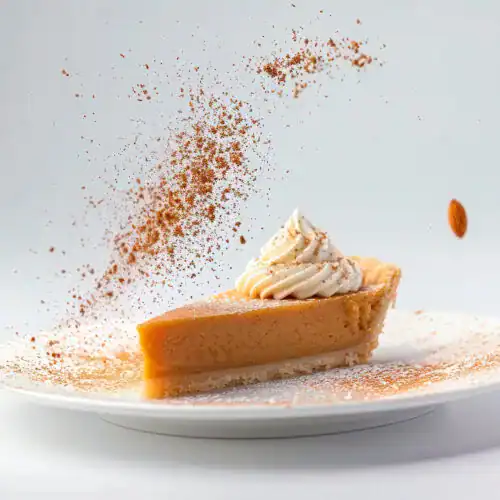 A slice of creamy sweet potato pie topped with whipped cream, dusted with cinnamon, and served on a white plate.