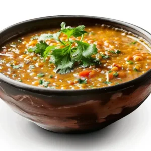 A bowl of hearty lentil soup garnished with fresh cilantro, served in a rustic brown ceramic bowl on a white background.