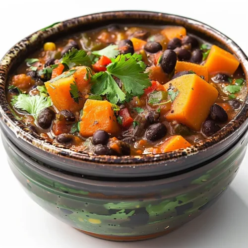 A rustic bowl filled with a vibrant bean stew featuring black beans, tender orange sweet potato chunks, red bell peppers, and garnished with fresh cilantro.