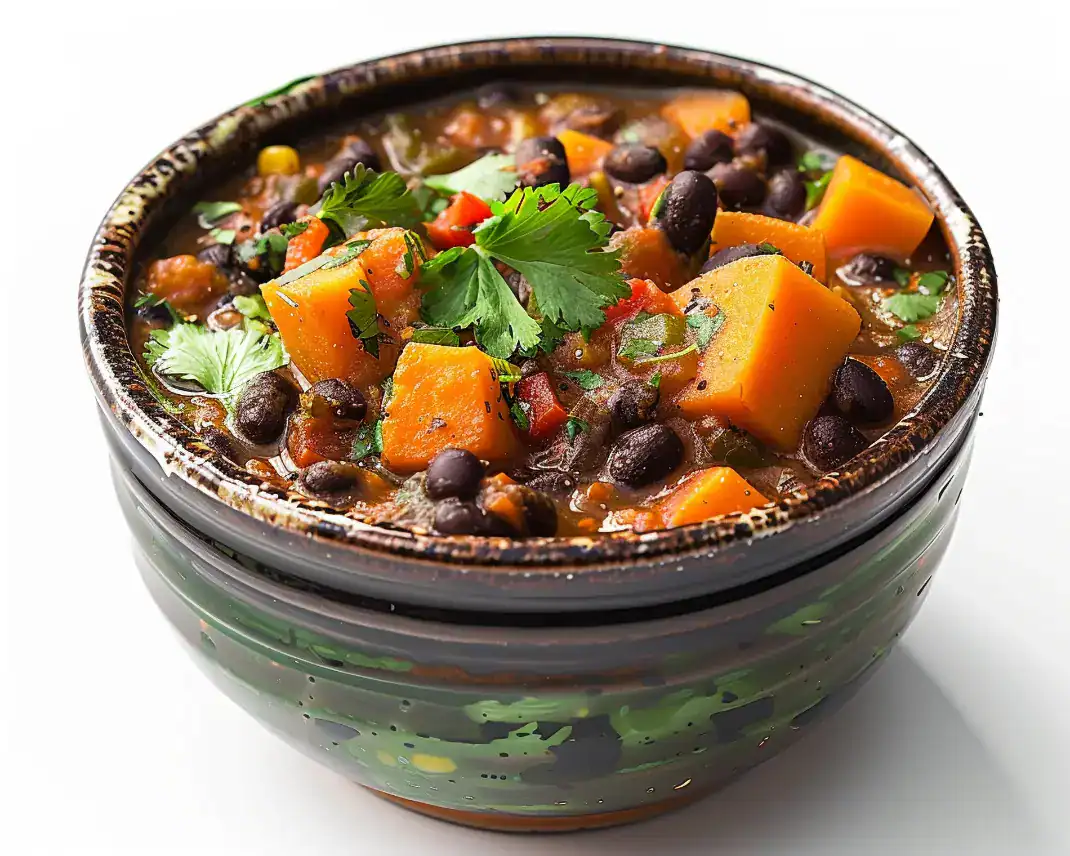 A rustic bowl filled with a vibrant bean stew featuring black beans, tender orange sweet potato chunks, red bell peppers, and garnished with fresh cilantro.