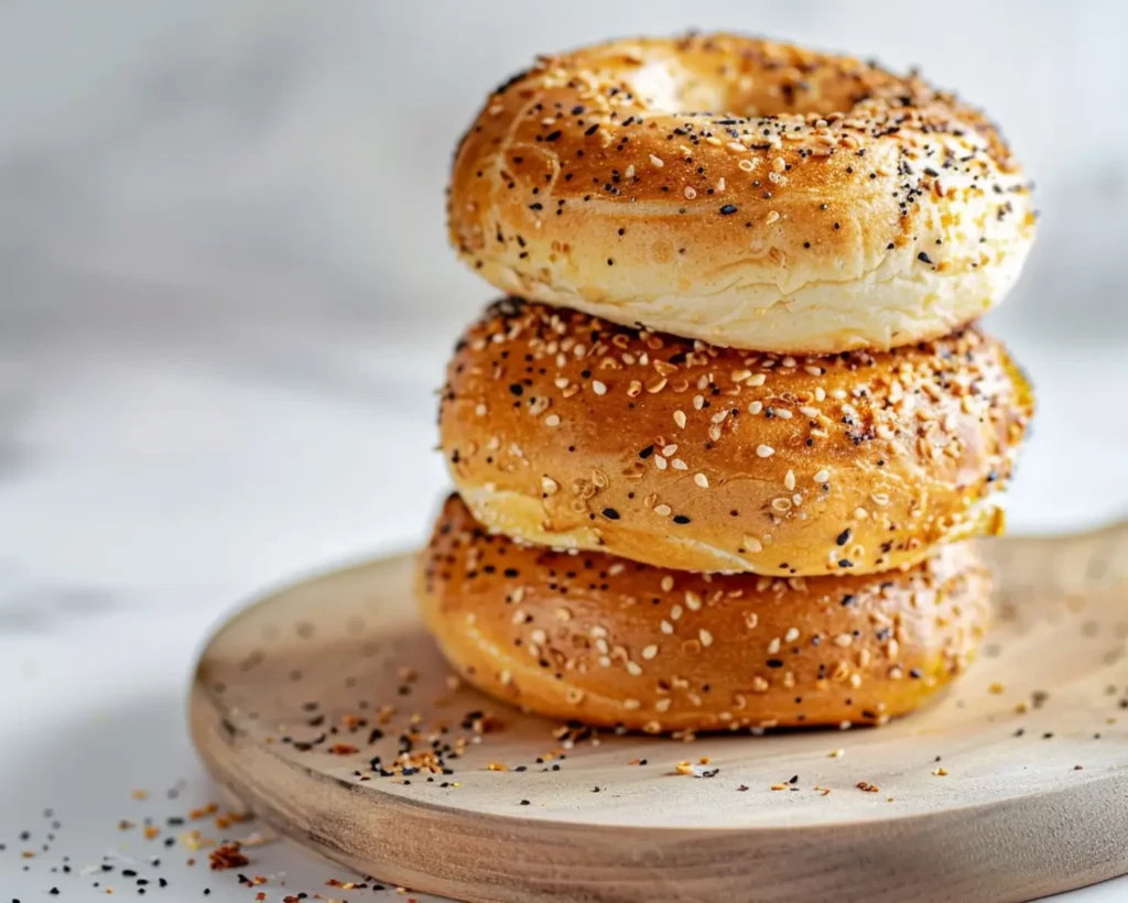 A stack of freshly baked bagels topped with sesame seeds, poppy seeds, and spices on a wooden board.