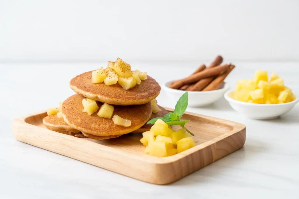 A stack of apple pancakes topped with diced apples and a sprinkle of cinnamon, served on a wooden tray with cinnamon sticks and extra apple pieces in the background.