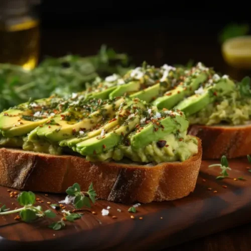 Two slices of avocado toast topped with mashed avocado, sliced avocado, chili flakes, and fresh herbs on rustic bread, served on a wooden board with a lemon and greens in the background.