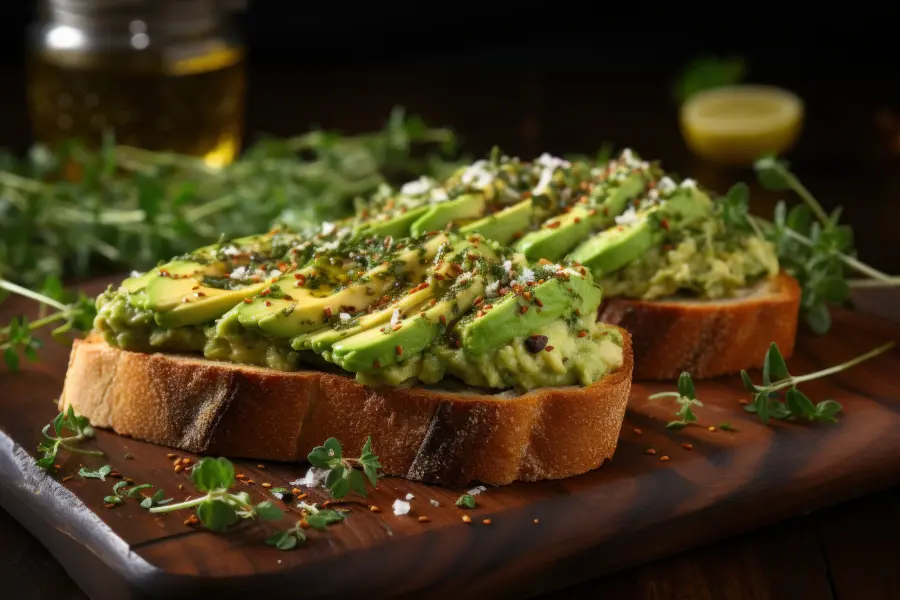 Two slices of avocado toast topped with mashed avocado, sliced avocado, chili flakes, and fresh herbs on rustic bread, served on a wooden board with a lemon and greens in the background.