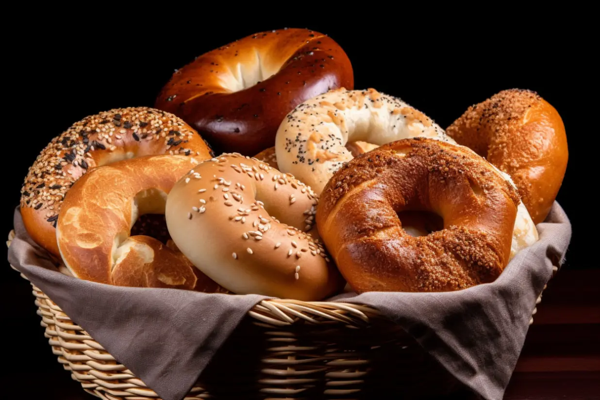 A basket filled with a variety of freshly baked bagels, including sesame, poppy seed, and plain, displayed on a dark background.