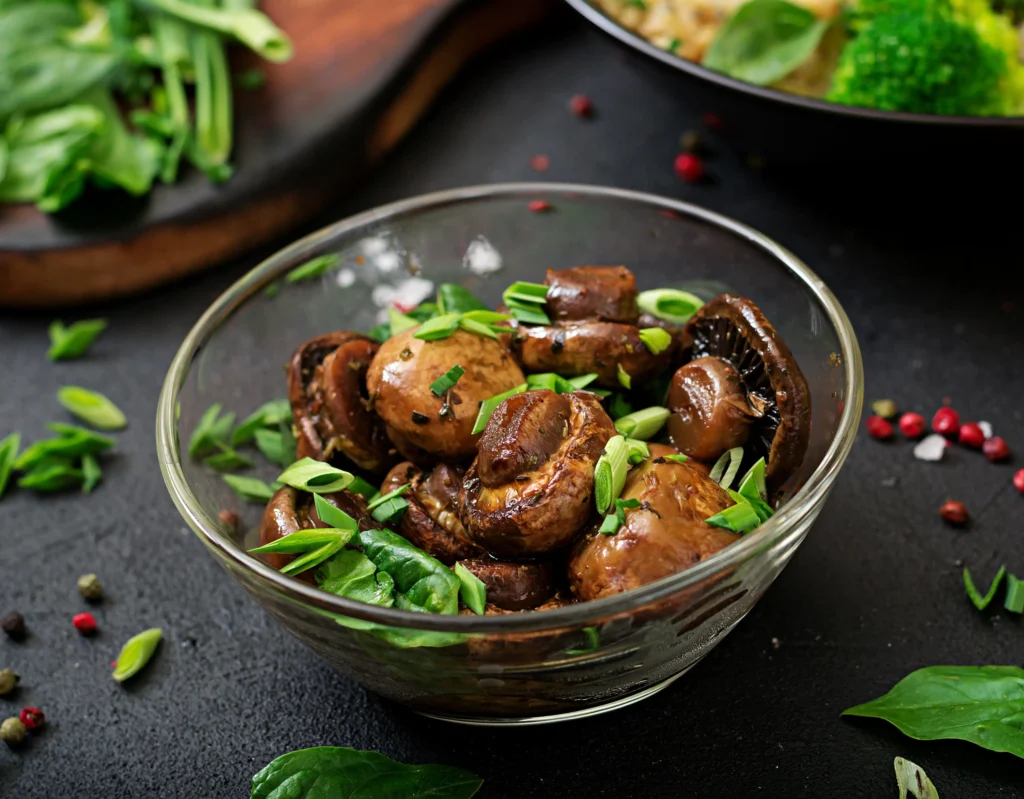 A glass bowl filled with baked mushrooms, garnished with fresh green onions and spinach leaves, surrounded by herbs and spices on a dark surface.