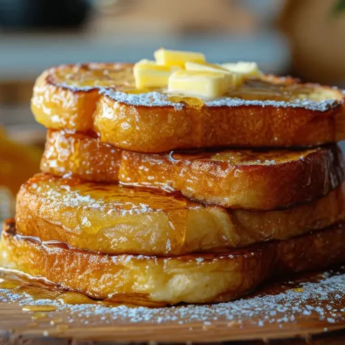 Stack of buttery French toast smothered in syrup and dusted with powdered sugar on a wooden cutting board.