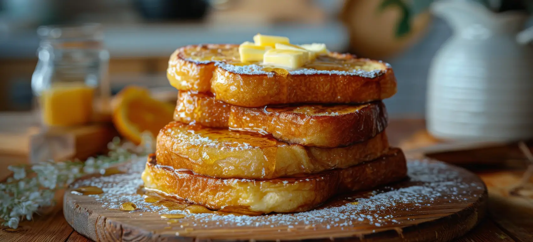 Stack of buttery French toast smothered in syrup and dusted with powdered sugar on a wooden cutting board.