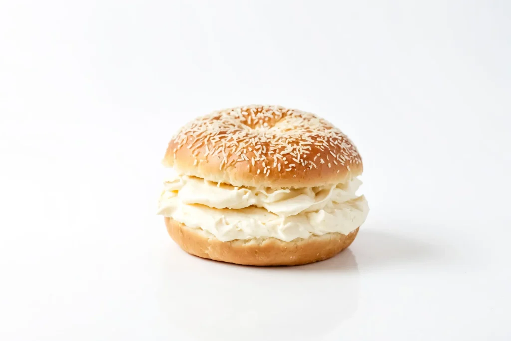 Close-up of a sesame bagel filled with creamy cream cheese on a white background.
Title: Sesame Bagel with Cream Cheese Filling