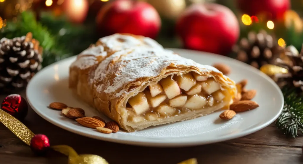 A slice of apple strudel with golden, flaky layers and a spiced apple filling, dusted with powdered sugar, served on a festive plate with almonds and holiday decorations in the background.