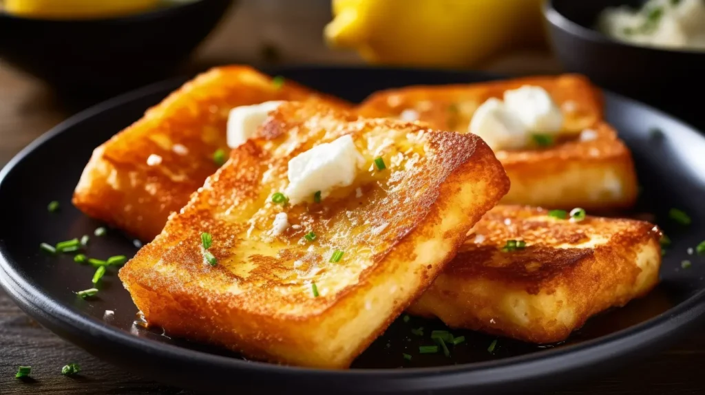 Fried French toast slices topped with butter and garnished with chopped green herbs on a black plate.