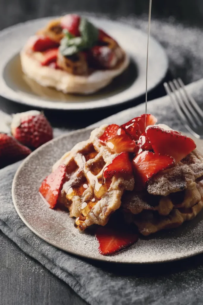 A stack of freshly made waffles topped with sliced strawberries, powdered sugar, and a drizzle of golden honey.