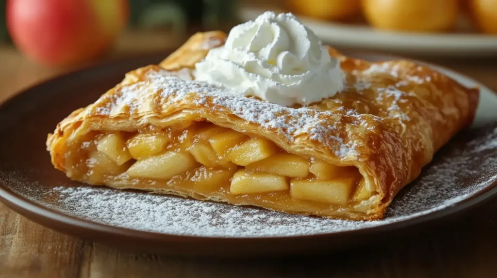 A slice of apple strudel filled with sweet, spiced apple filling, topped with whipped cream and powdered sugar, served on a brown plate with fresh apples in the background.