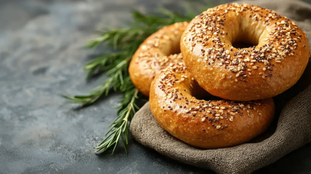 Three golden bagels topped with sesame and poppy seeds resting on a rustic cloth, with sprigs of rosemary in the background.