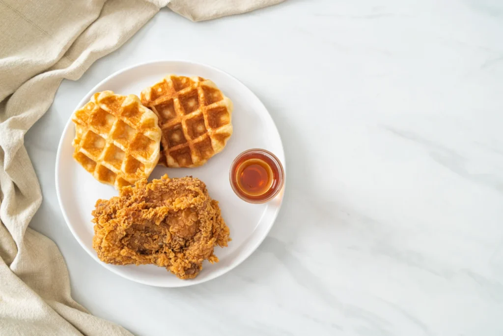 Golden crispy fried chicken served with two Belgian waffles and a small cup of maple syrup on a white plate.