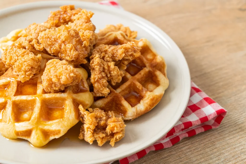 Crispy fried chicken served over fluffy golden waffles, drizzled with maple syrup on a plate.