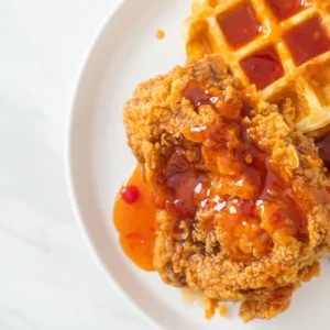 Close-up of crispy fried chicken drizzled with spicy syrup, served alongside a golden waffle on a white plate.