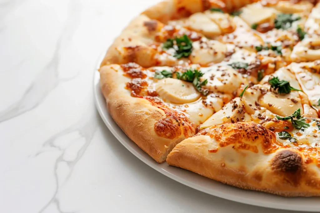 A close-up view of a gourmet pizza with a golden-brown crust, melted cheese, fresh herbs, and a drizzle of truffle oil, served on a white marble surface.