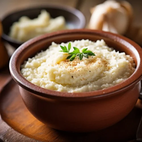 A bowl of creamy grits in a rustic brown dish, garnished with a sprig of fresh herbs.