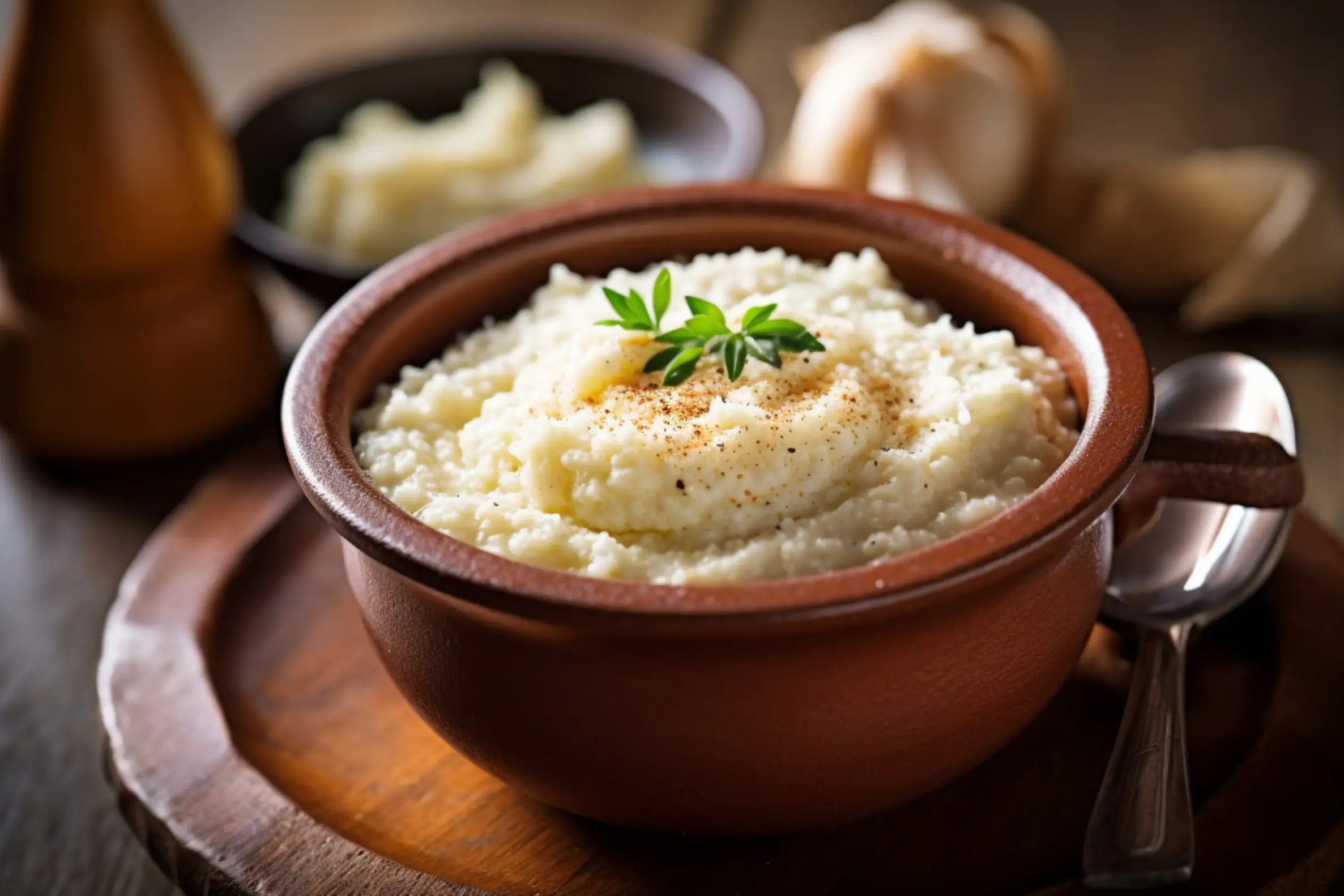 A bowl of creamy grits in a rustic brown dish, garnished with a sprig of fresh herbs.