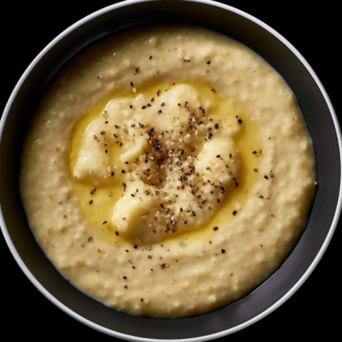 A bowl of creamy grits topped with melted butter, black pepper, and seasoning.