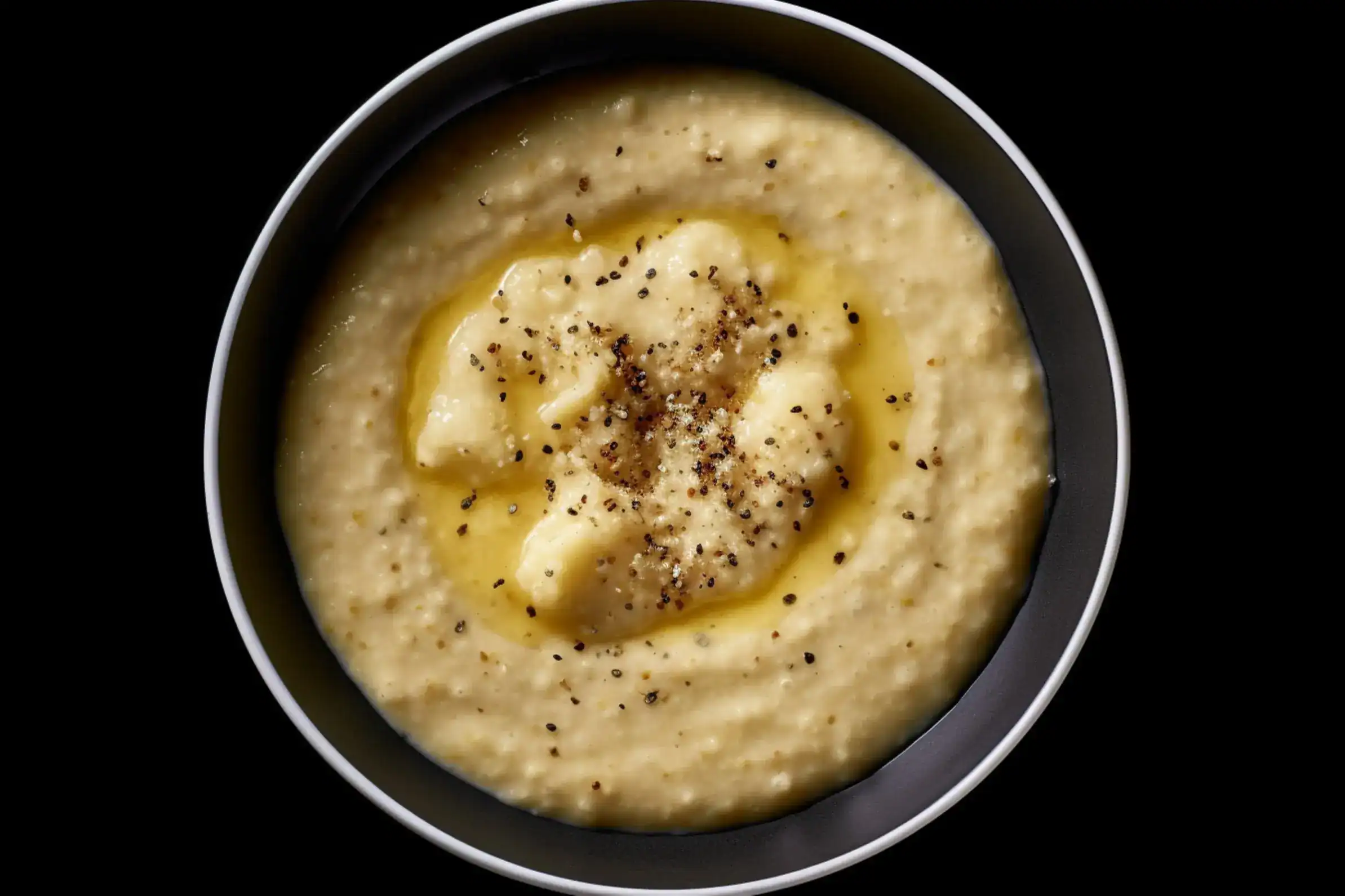 A bowl of creamy grits topped with melted butter, black pepper, and seasoning.