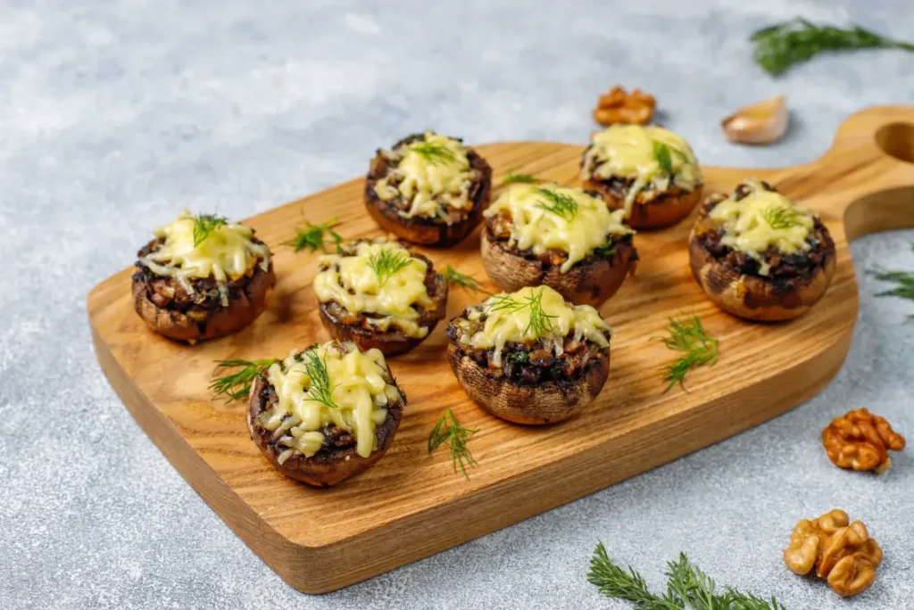 A wooden serving board displaying baked stuffed mushrooms topped with melted cheese and garnished with fresh dill.