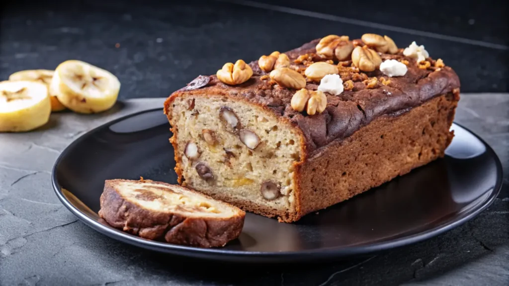 A loaf of banana bread with pecans, sliced and served on a black plate, showcasing its moist texture and nutty topping.