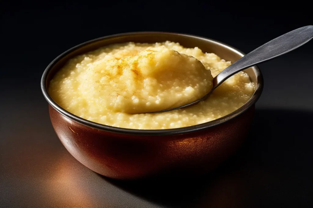 A bowl of warm, creamy grits with a spoon lifting a serving, dusted with seasoning.