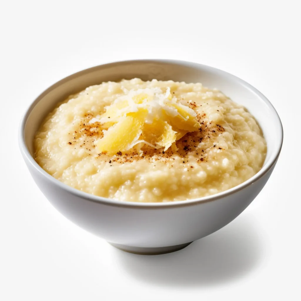 A bowl of creamy grits topped with butter shavings, a sprinkle of black pepper, and grated cheese.